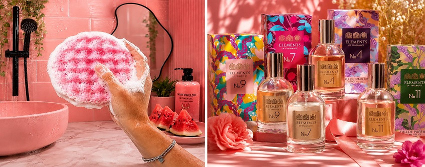 Elements of Fragrance Eau de Parfum från House Of Månsson. Exklusiv parfymkollektion med dofterna No.7, No.9, No.11 och No.4 presenterade tillsammans med färgstarka presentförpackningar i en elegant miljö med rosa toner, blommor och dekorativa detaljer.